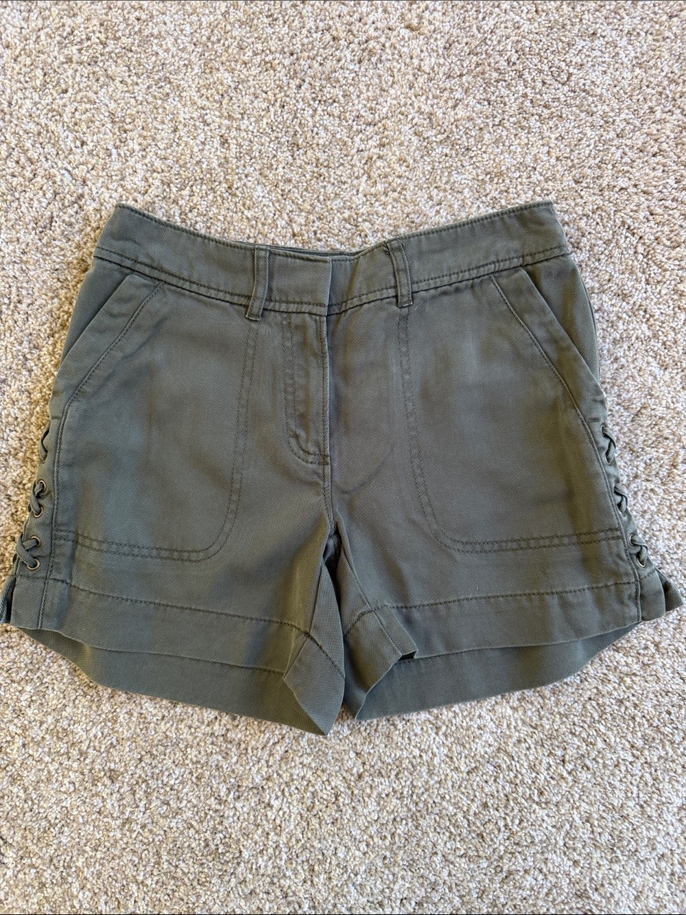 White House Black Market Women’s Olive Utility Shorts with Side Lace-Up Detail